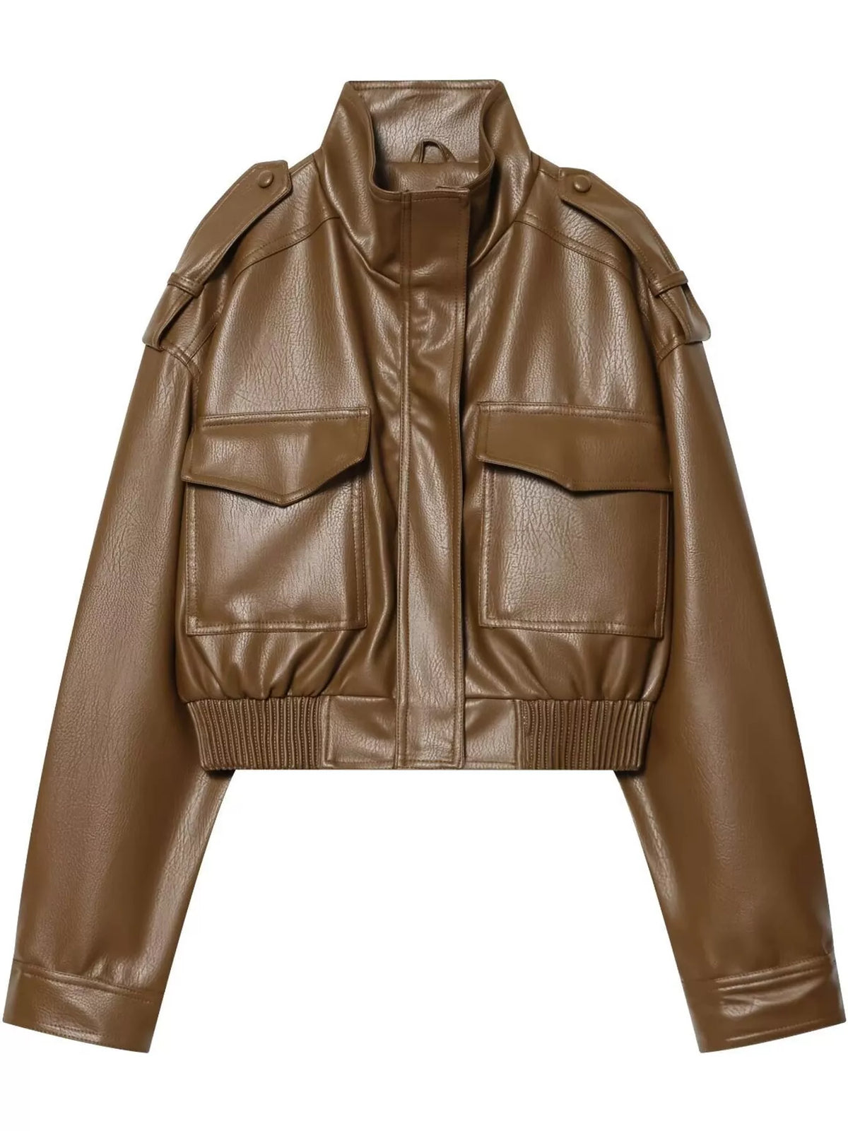 Camel faux-leather cropped bomber jacket, front view.