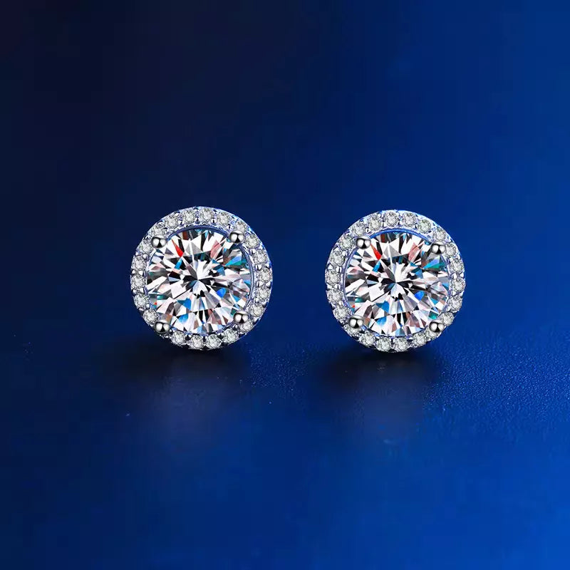 Silver-tone round halo stone stud earrings — detail view