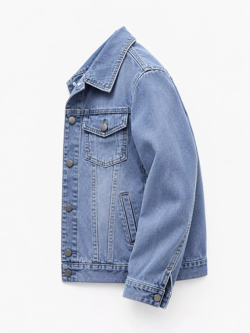 Side view of the light-wash button-front denim jacket.
