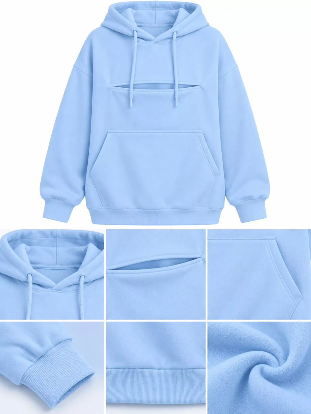 Light blue cat Pouch Drawstring Hoodie — detail view