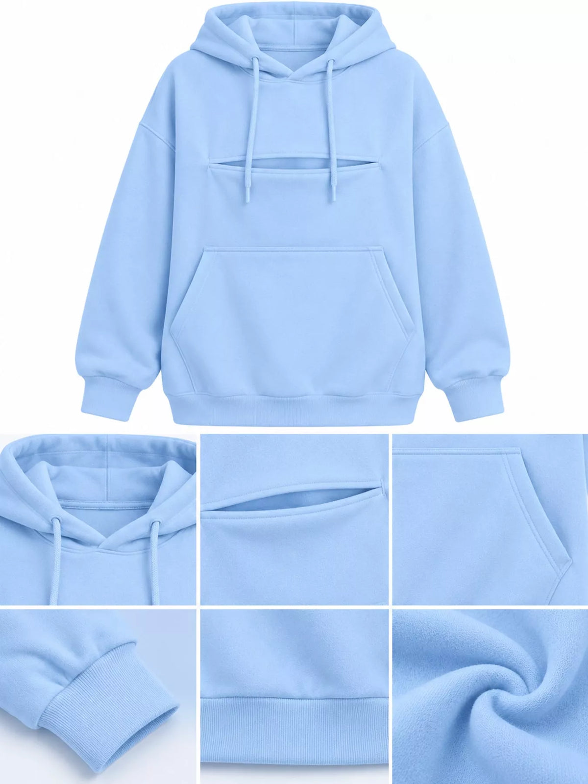 Light blue cat Pouch Drawstring Hoodie — detail view