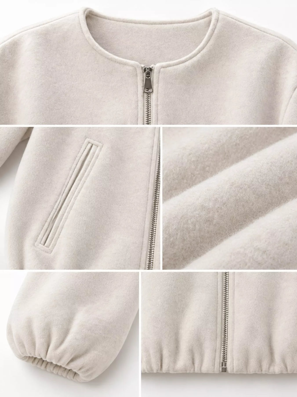 Collage of the off-white jacket's round neckline, zipper, pocket, fabric, cuff and gathered hem.
