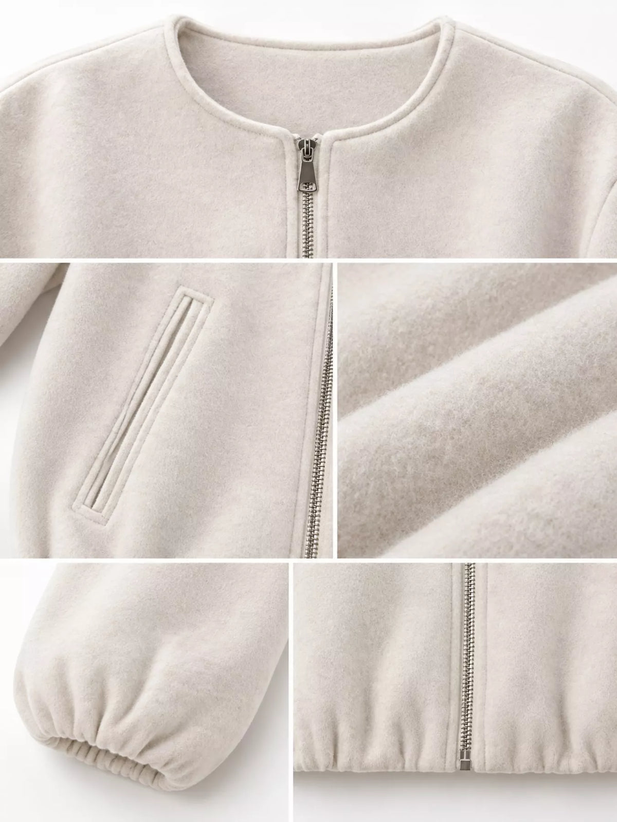 Collage of the off-white jacket's round neckline, zipper, pocket, fabric, cuff and gathered hem.
