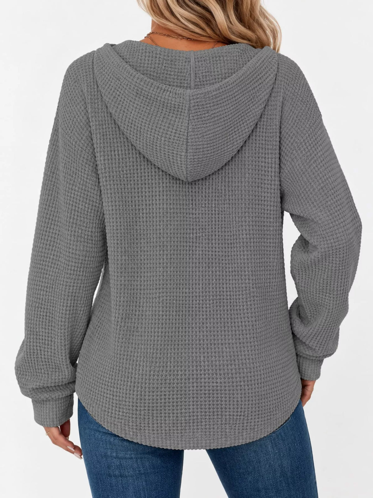 Gray waffle Knit Button Detail Hoodie — back view