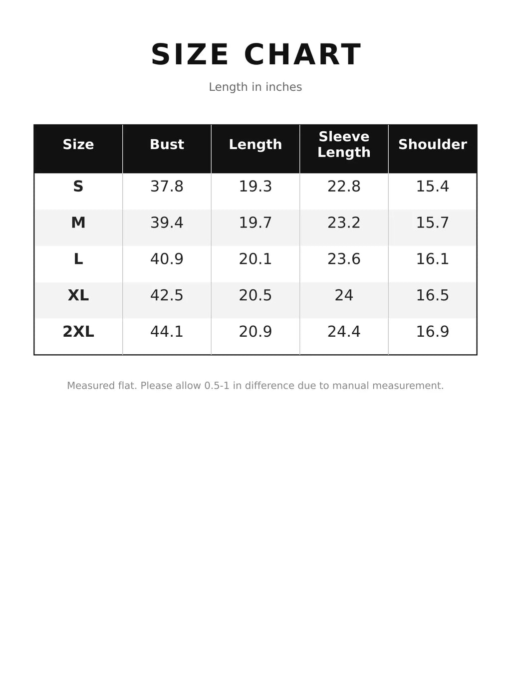 Size chart for the asymmetrical-zip jacket, with measurements in inches.