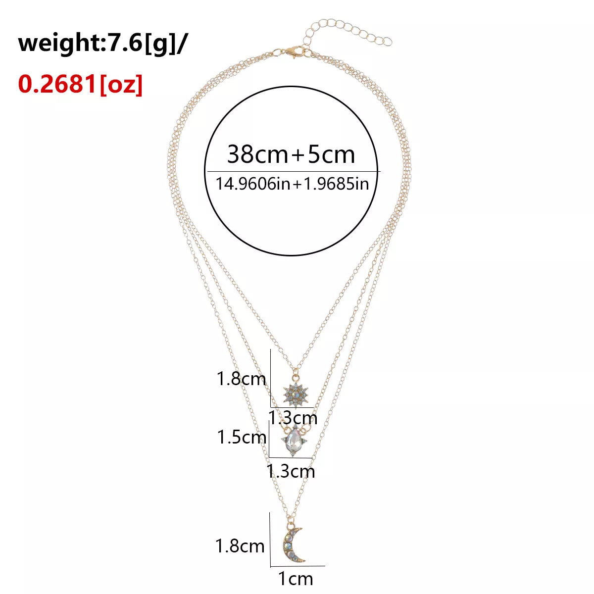 Measurements diagram for layered silver-tone necklace with celestial and clear stone charms