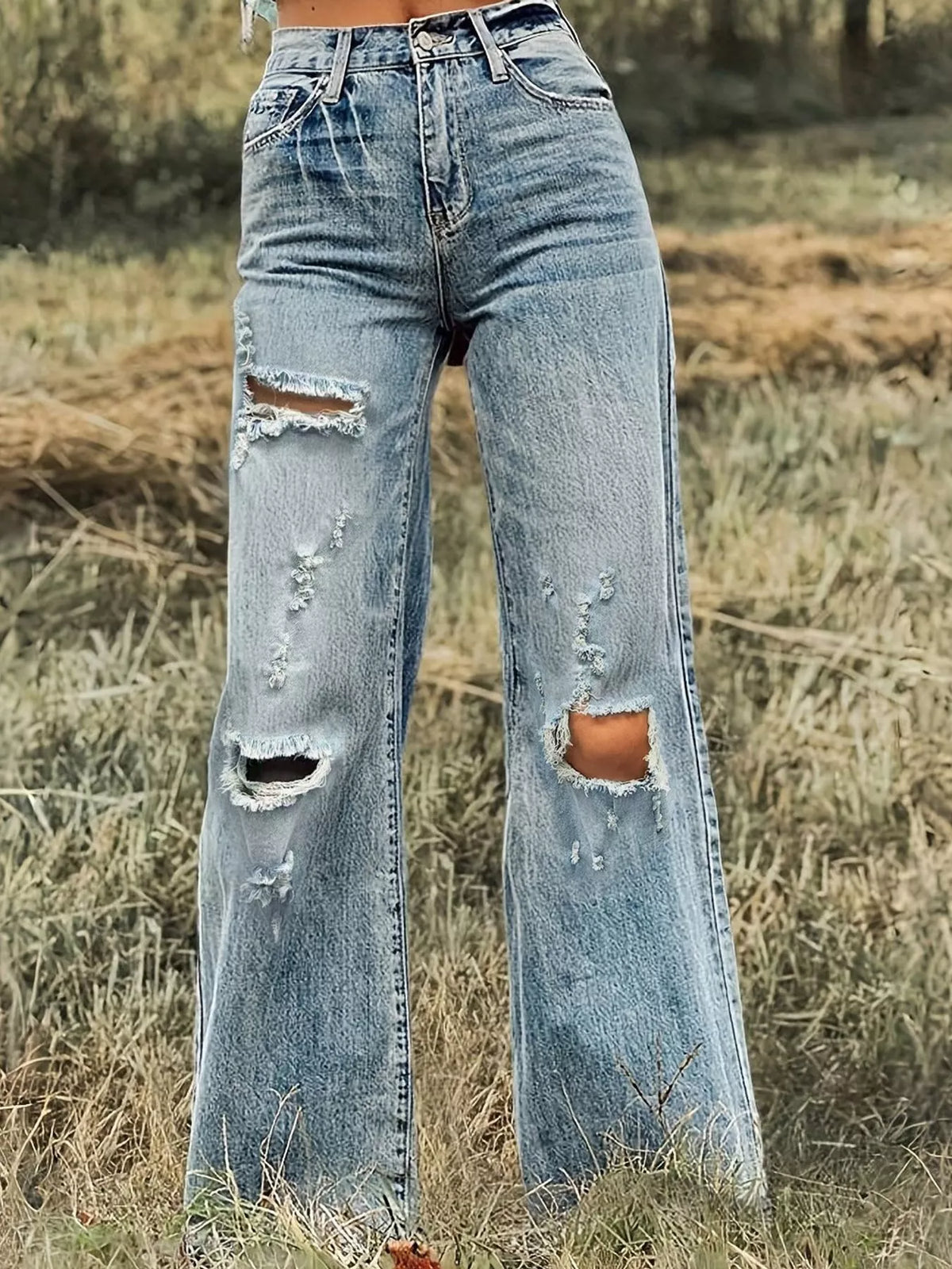 Light blue high-Waisted Distressed Wide-Leg Jeans