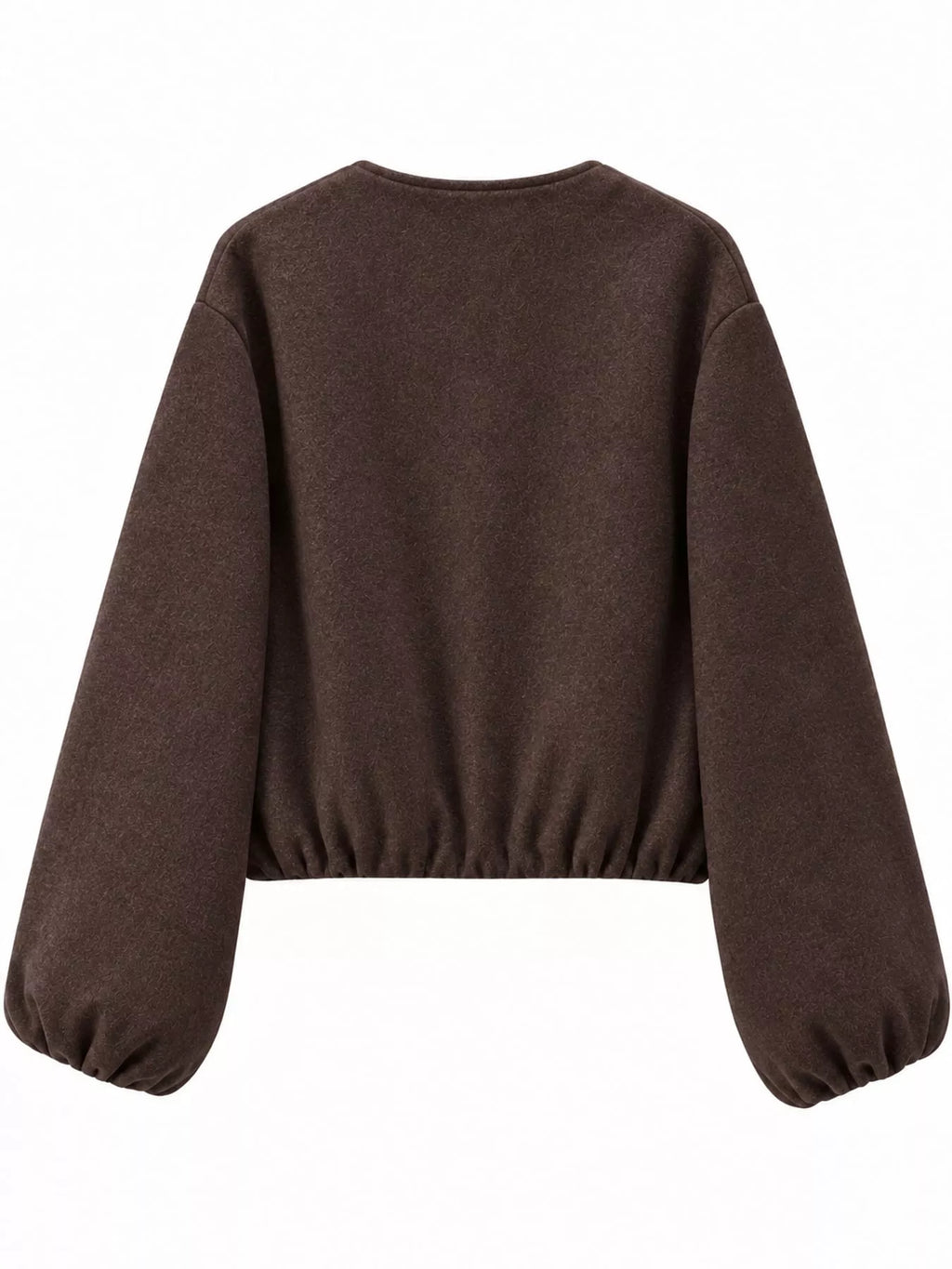 Coffee-brown round-neck zip-up jacket with gathered hem and sleeves, back view.