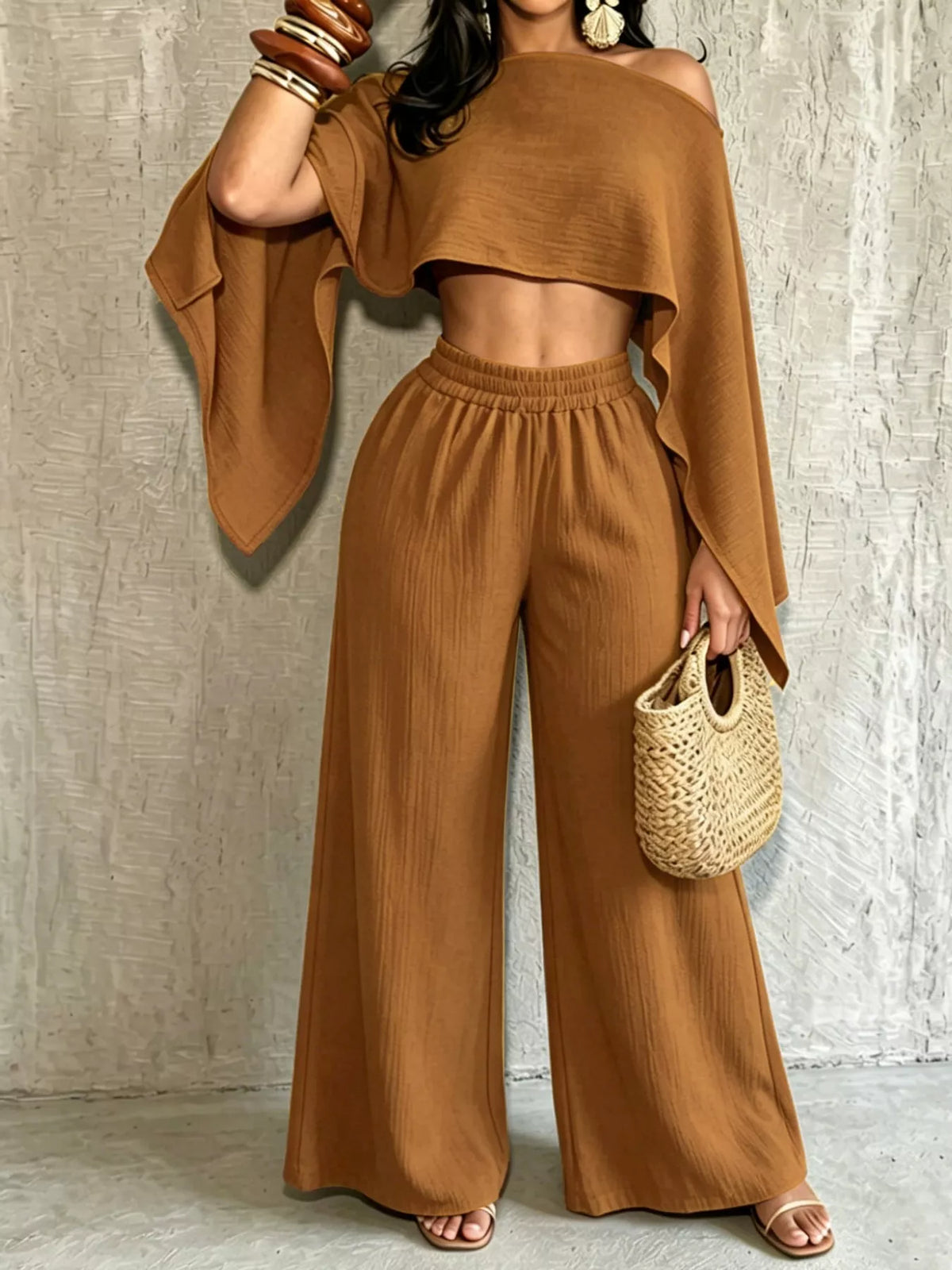 Brown boat Neck Crop Top and Wide-Leg Pants Set