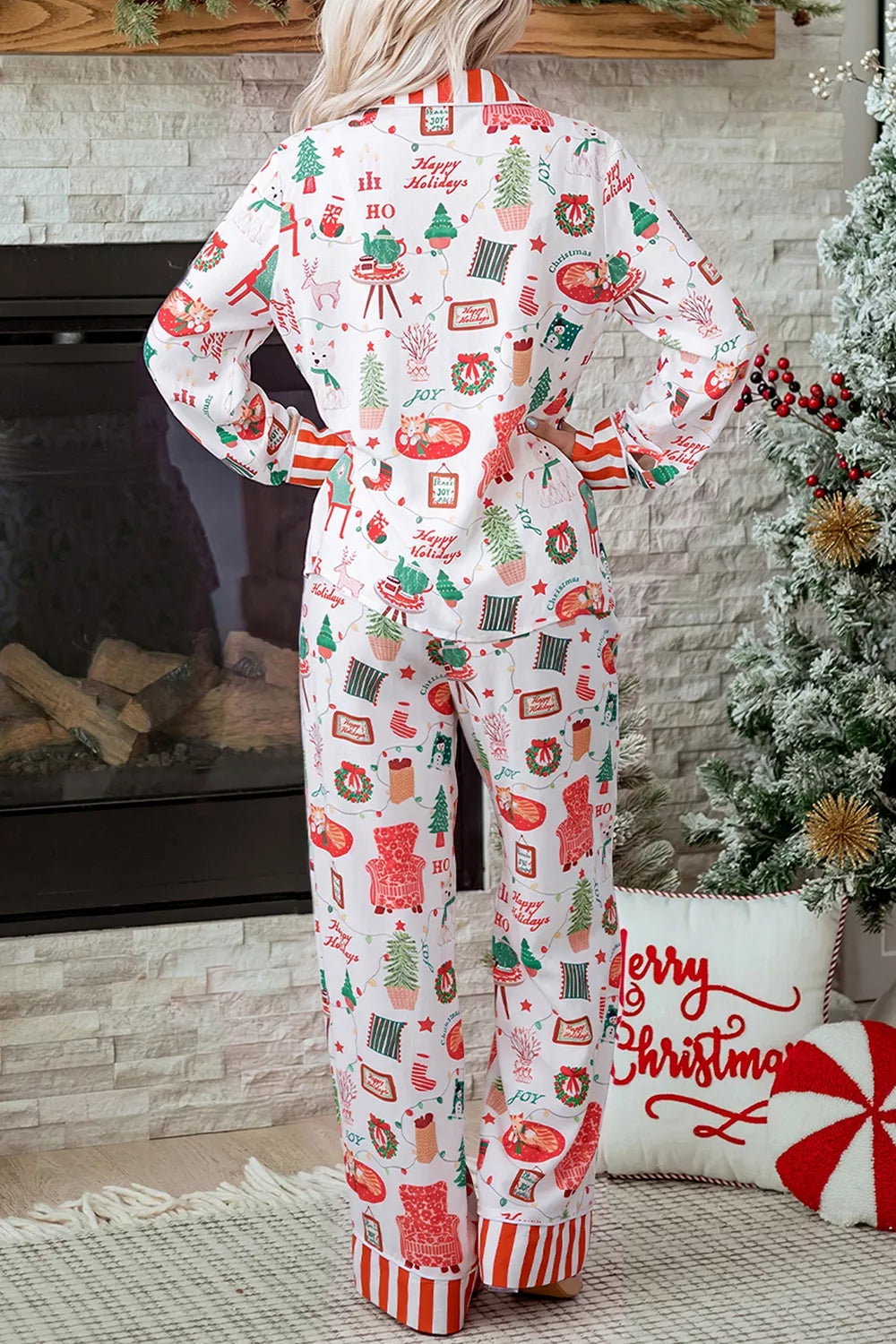 White striped Holiday Long Sleeve Two Piece Shift Home Wear Lounge Set — back view