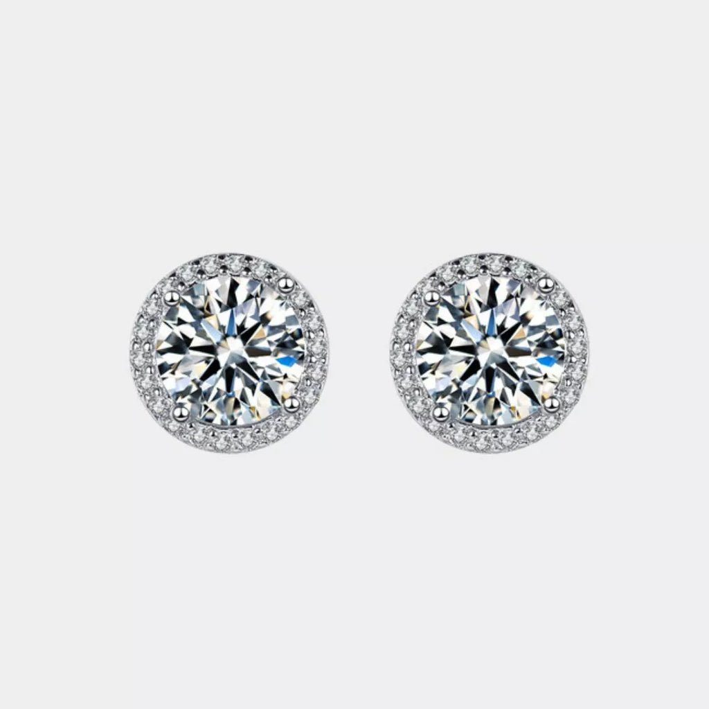 Silver-tone round halo stone stud earrings — detail view