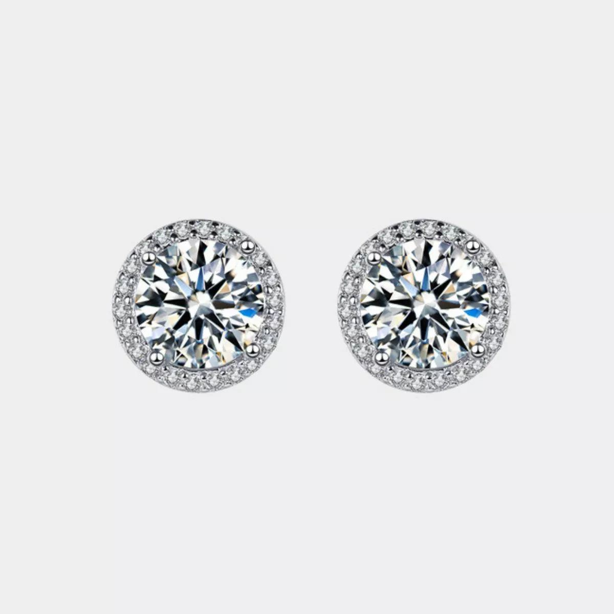 Silver-tone round halo stone stud earrings — detail view