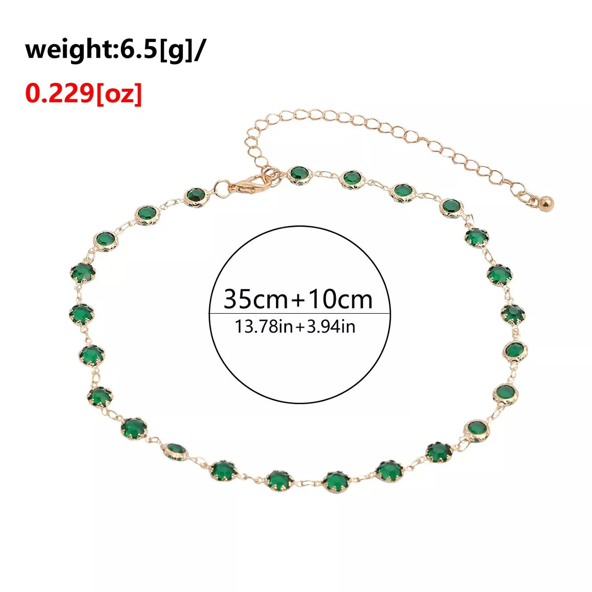 Measurements diagram for green rhinestone choker necklace