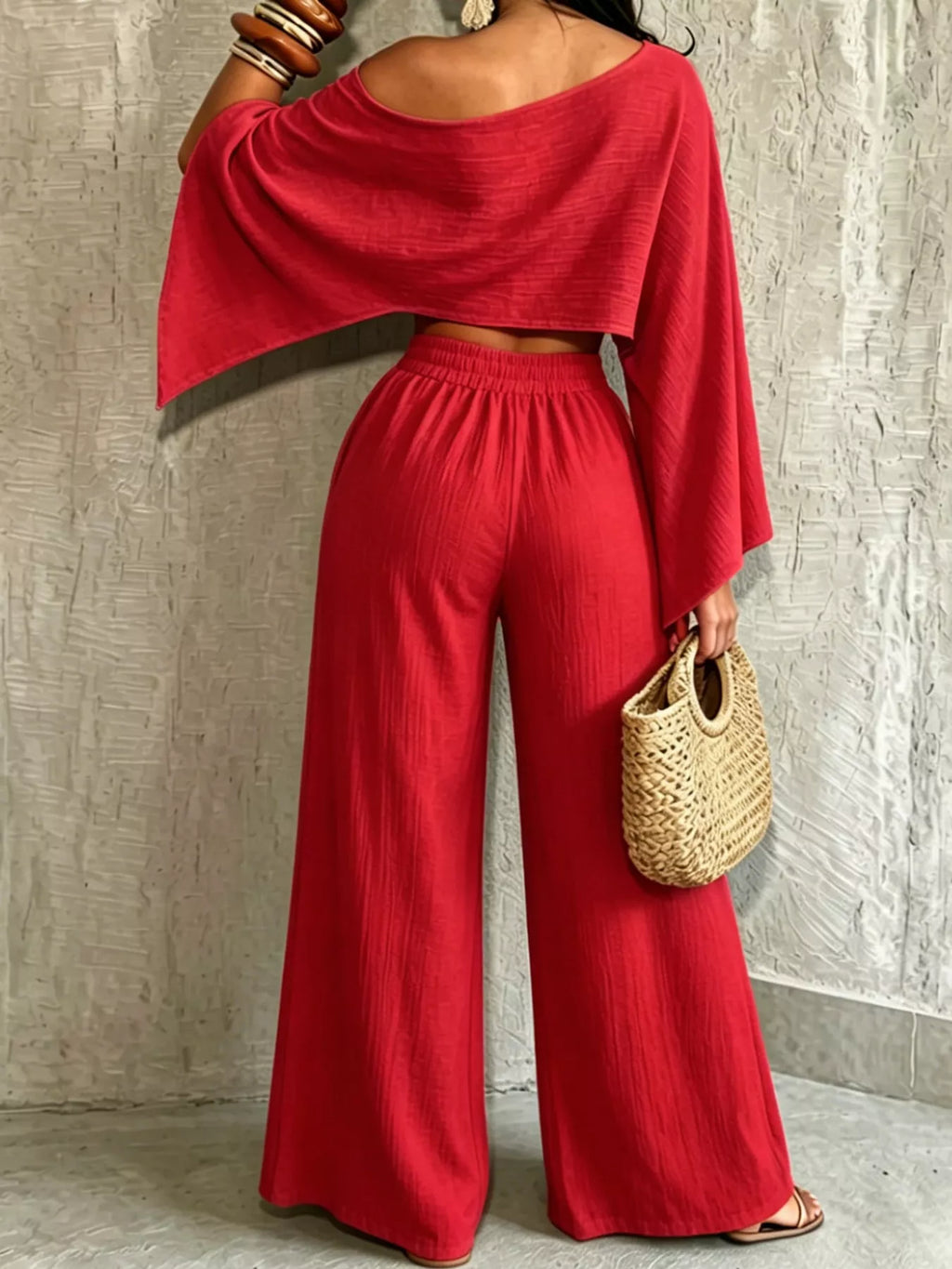 Red boat Neck Crop Top and Wide-Leg Pants Set