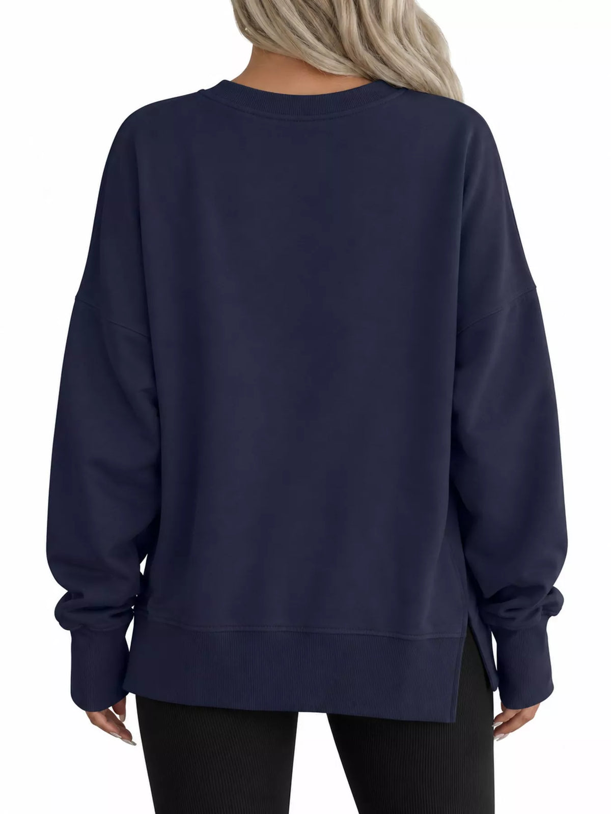 Navy oversized Crew Neck Sweatshirt with Side Slit — back view