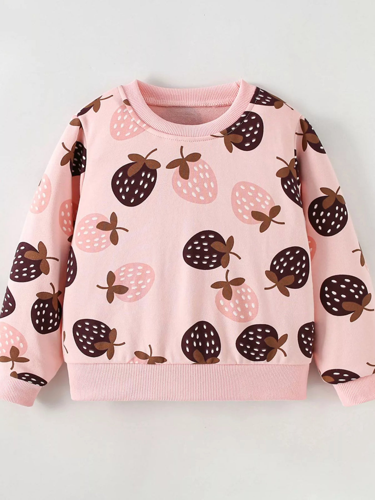 Front product view of the pink strawberry-print children's sweatshirt.