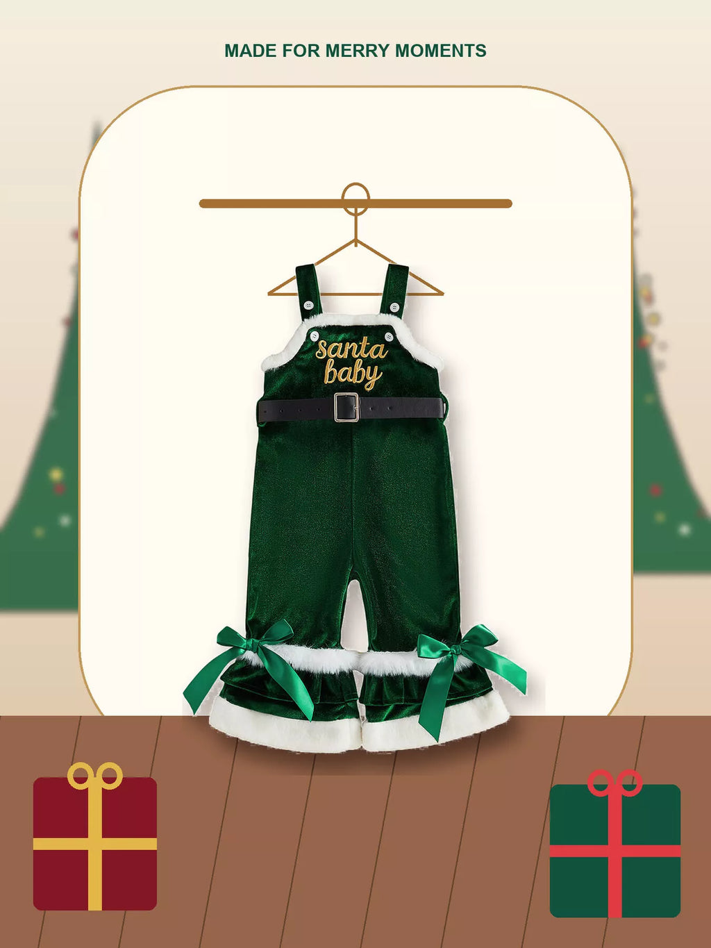 Green Santa Baby overalls displayed on a hanger with green bows at the legs.