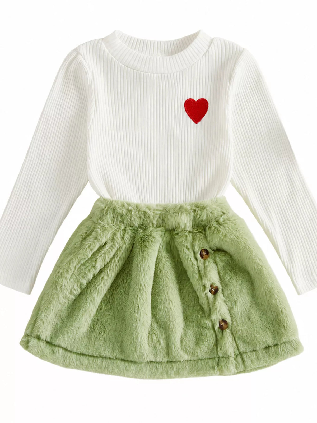 White heart-embroidered top and green fuzzy skirt displayed flat