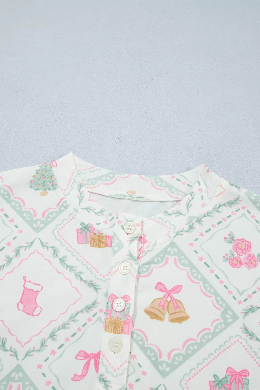 White long Sleeve Patchwork Shift and Pants Christmas Daily Wear Lounge Set — detail view