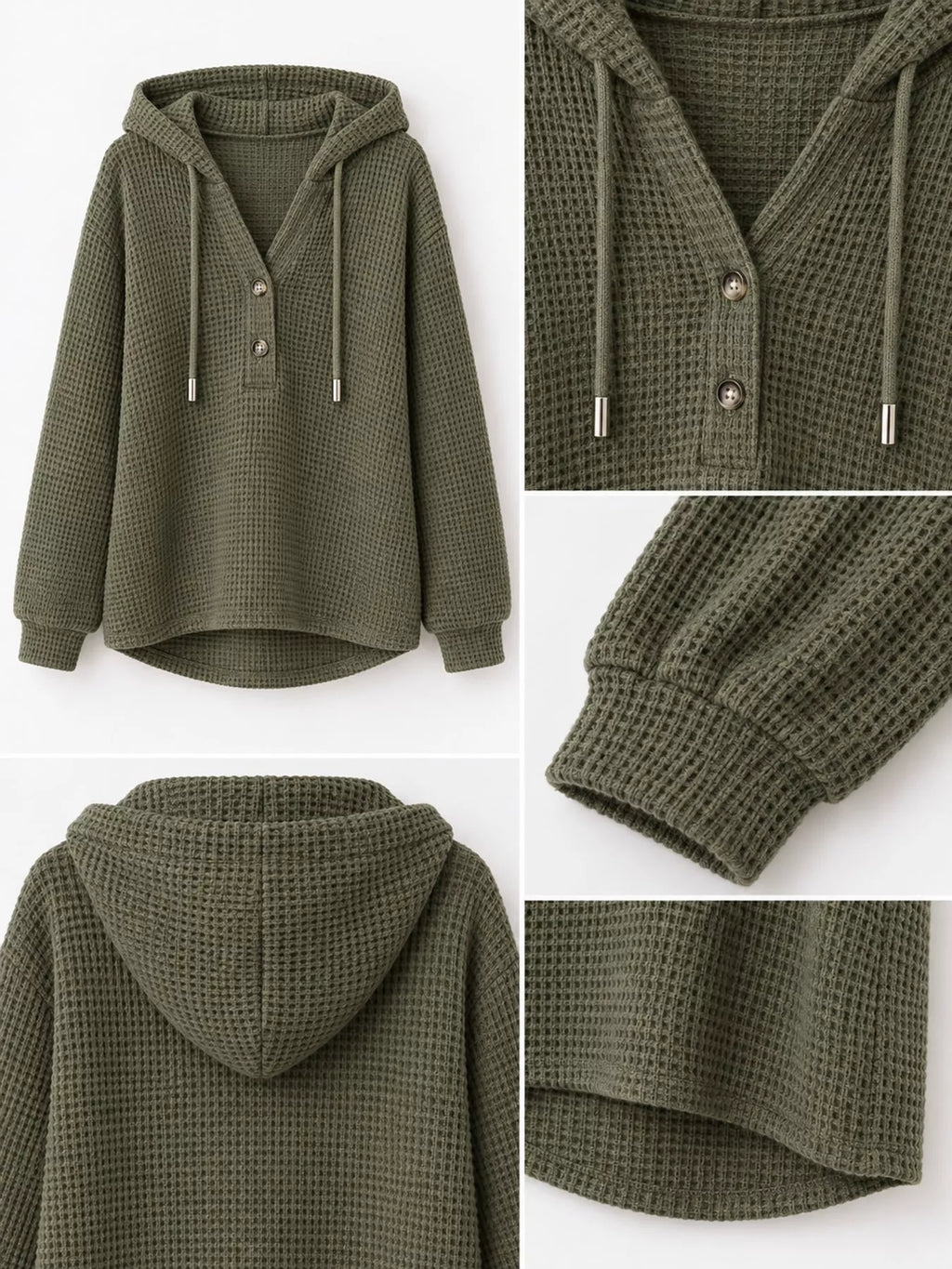 Olive green waffle Knit Button Detail Hoodie — detail view