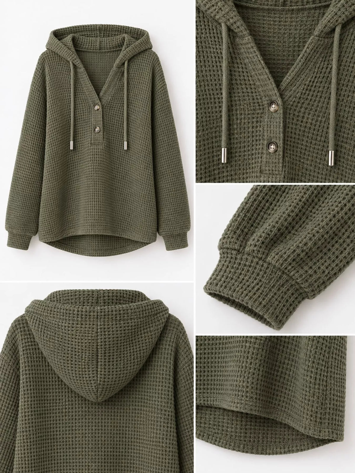 Olive green waffle Knit Button Detail Hoodie — detail view