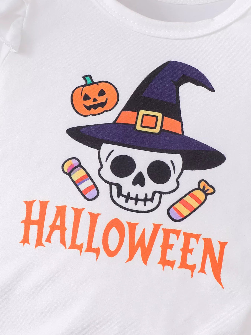 Close-up of the Halloween skull wearing a purple witch hat above orange Halloween lettering.