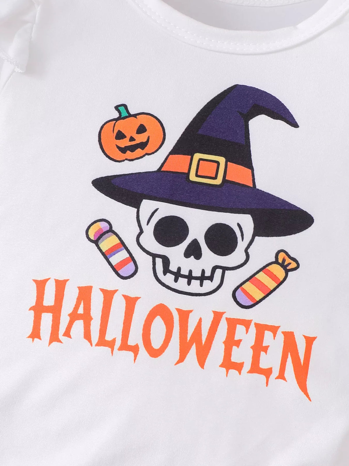 Close-up of the Halloween skull wearing a purple witch hat above orange Halloween lettering.