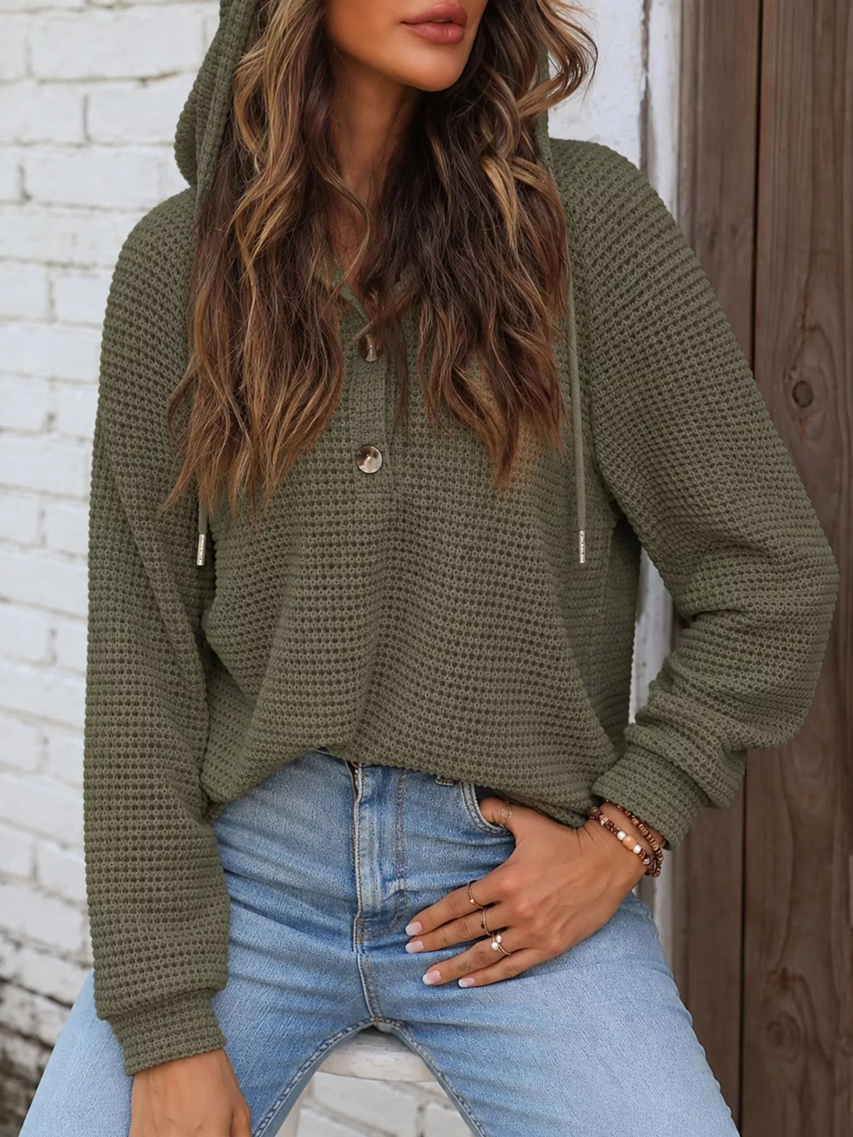 Olive green waffle Knit Button Detail Hoodie