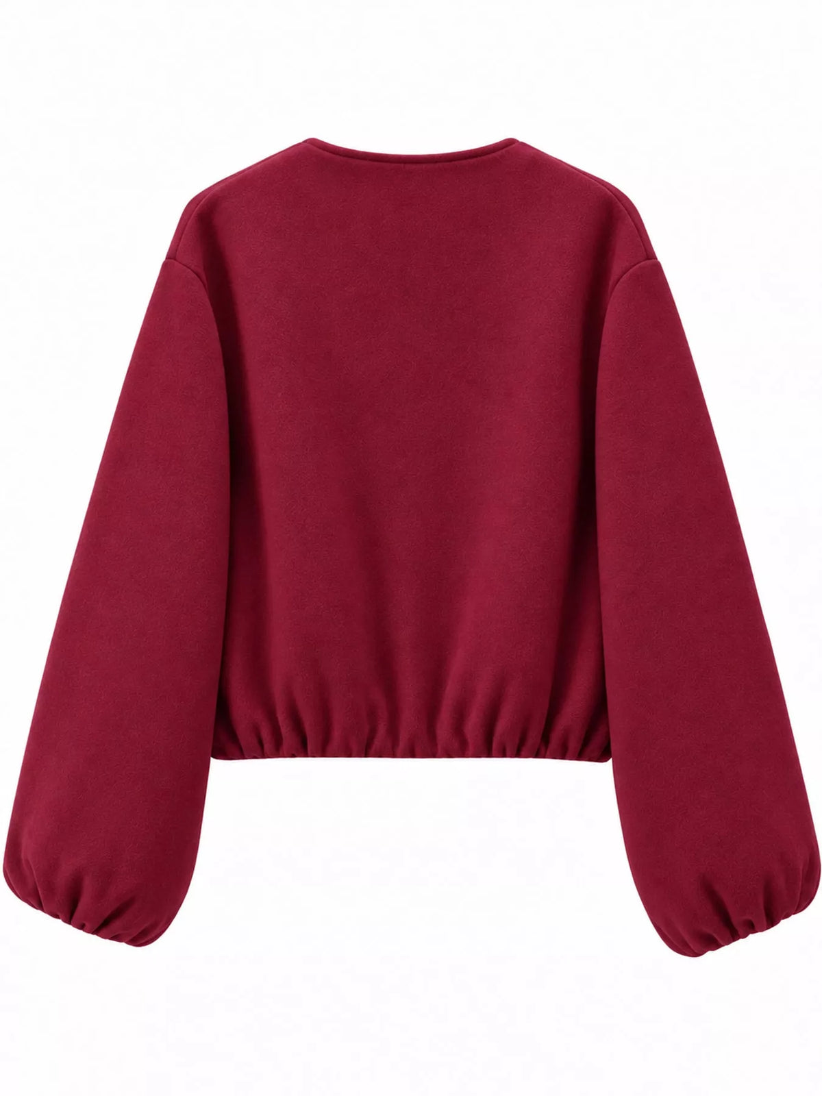 Burgundy round-neck zip-up jacket with gathered hem and sleeves, back view.