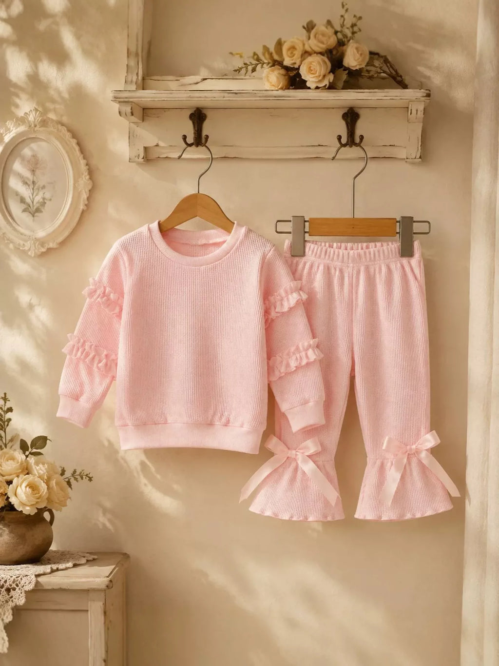 Pink ruffle-sleeve sweatshirt and bow-accented flared pants displayed on hangers