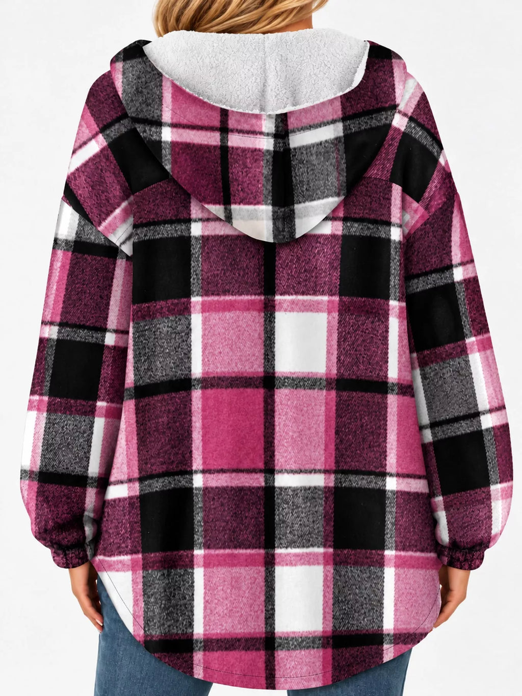 Back view of the pink plaid jacket and hood.
