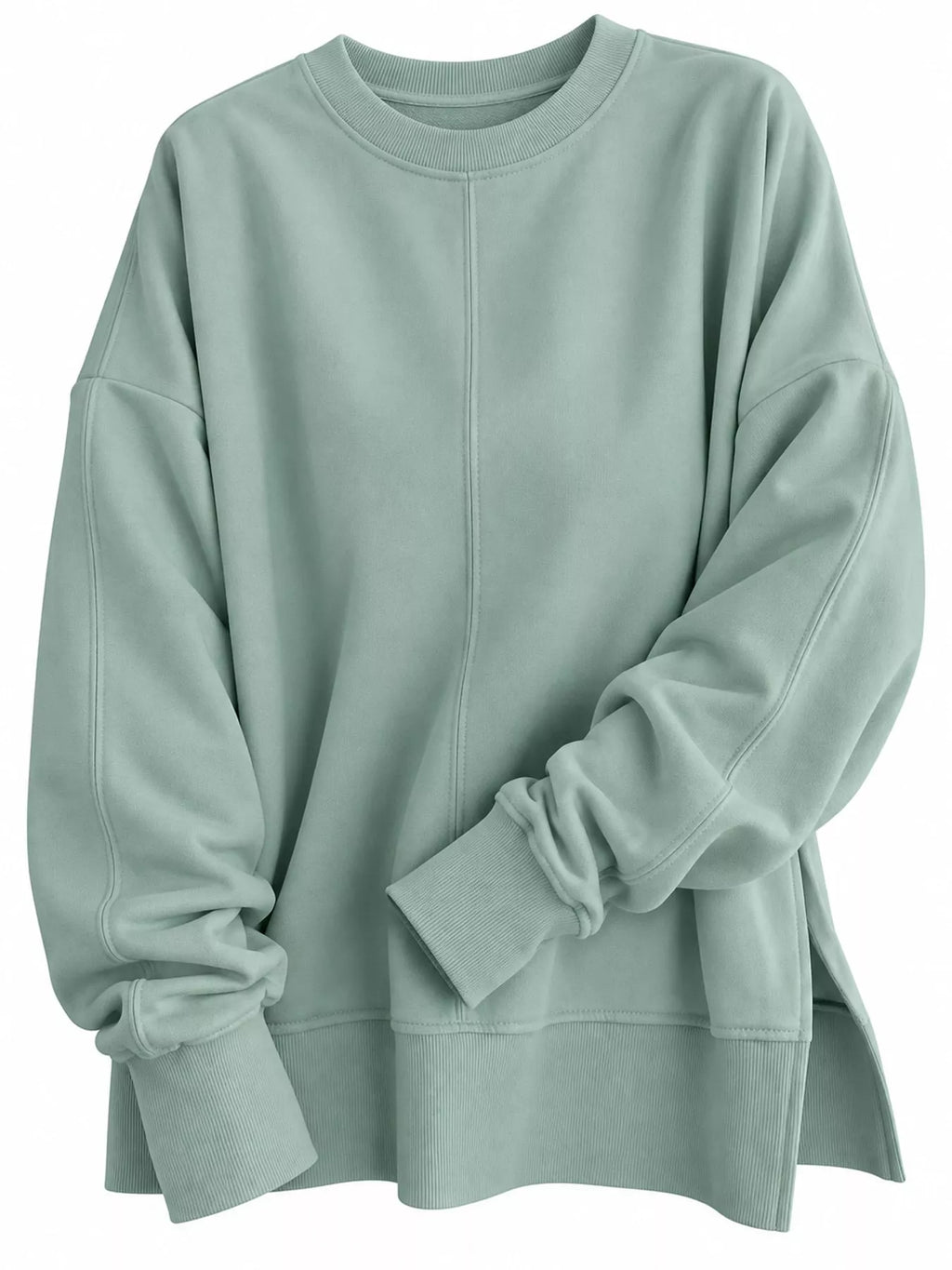 Sage green oversized Crew Neck Sweatshirt with Side Slit — detail view