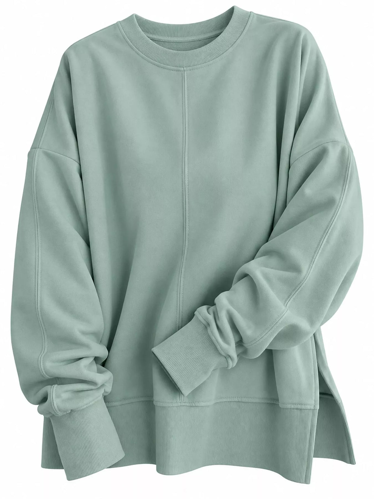 Sage green oversized Crew Neck Sweatshirt with Side Slit — detail view