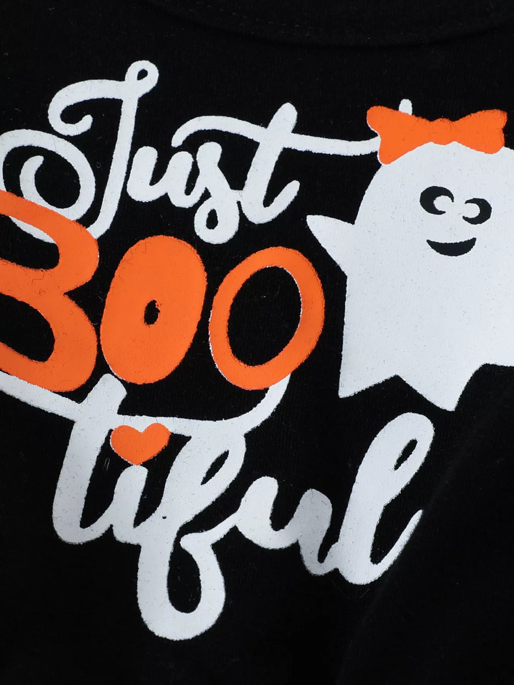 Just BOO tiful lettering and smiling ghost graphic on the black dress bodice