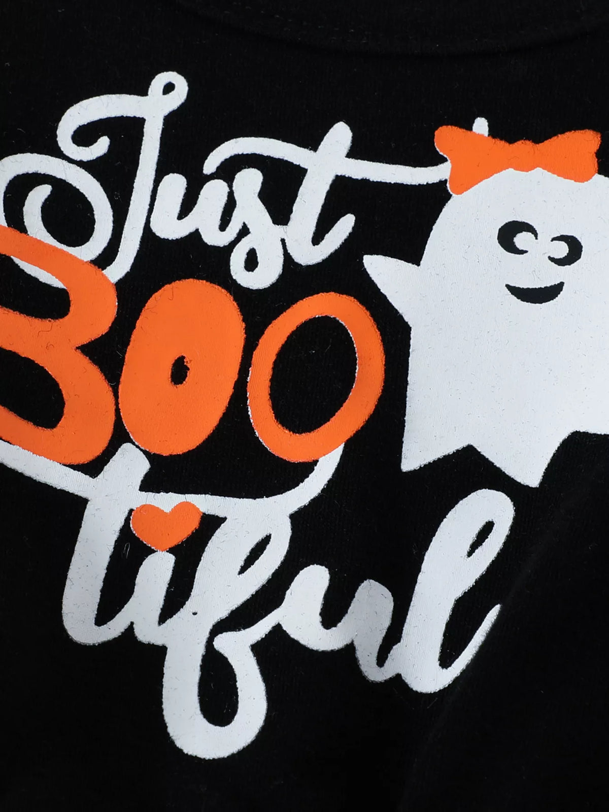 Just BOO tiful lettering and smiling ghost graphic on the black dress bodice