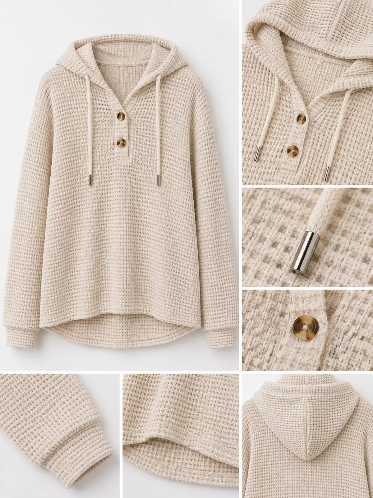 Beige waffle Knit Button Detail Hoodie — detail view