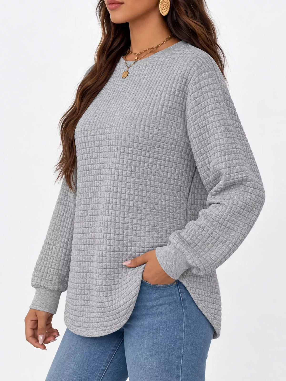 Gray textured Waffle Knit Crew Neck Sweatshirt