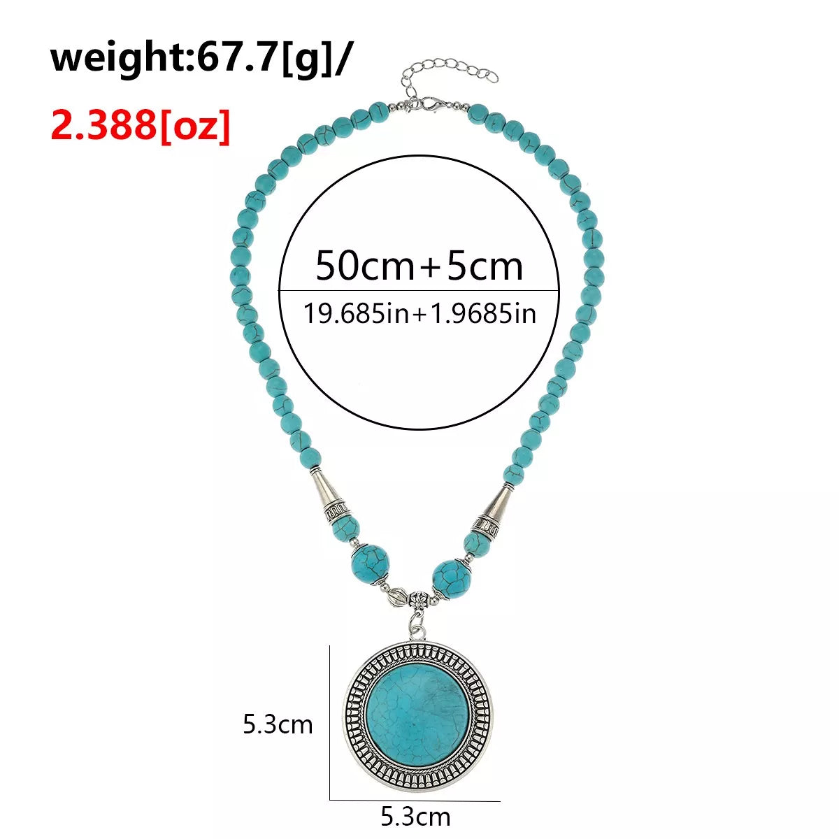 Measurements diagram for round medallion pendant necklace with large beads