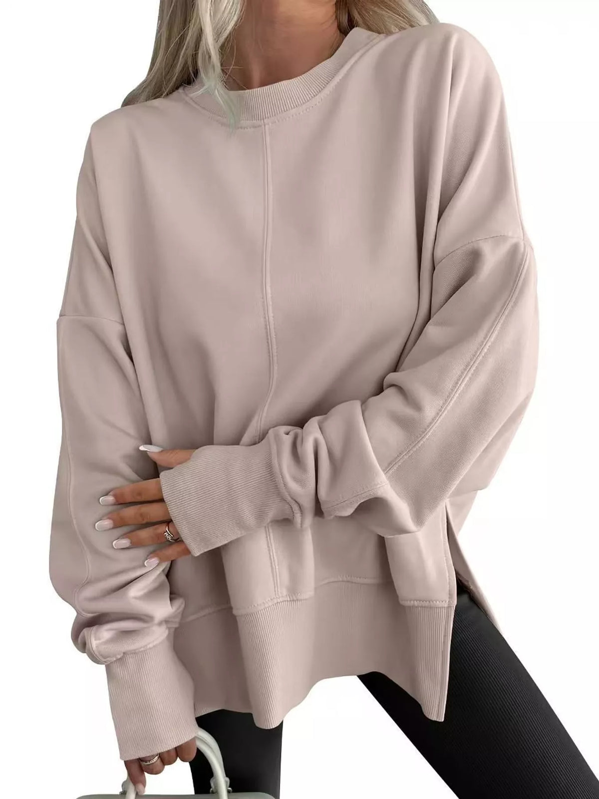 Taupe oversized Crew Neck Sweatshirt with Side Slit