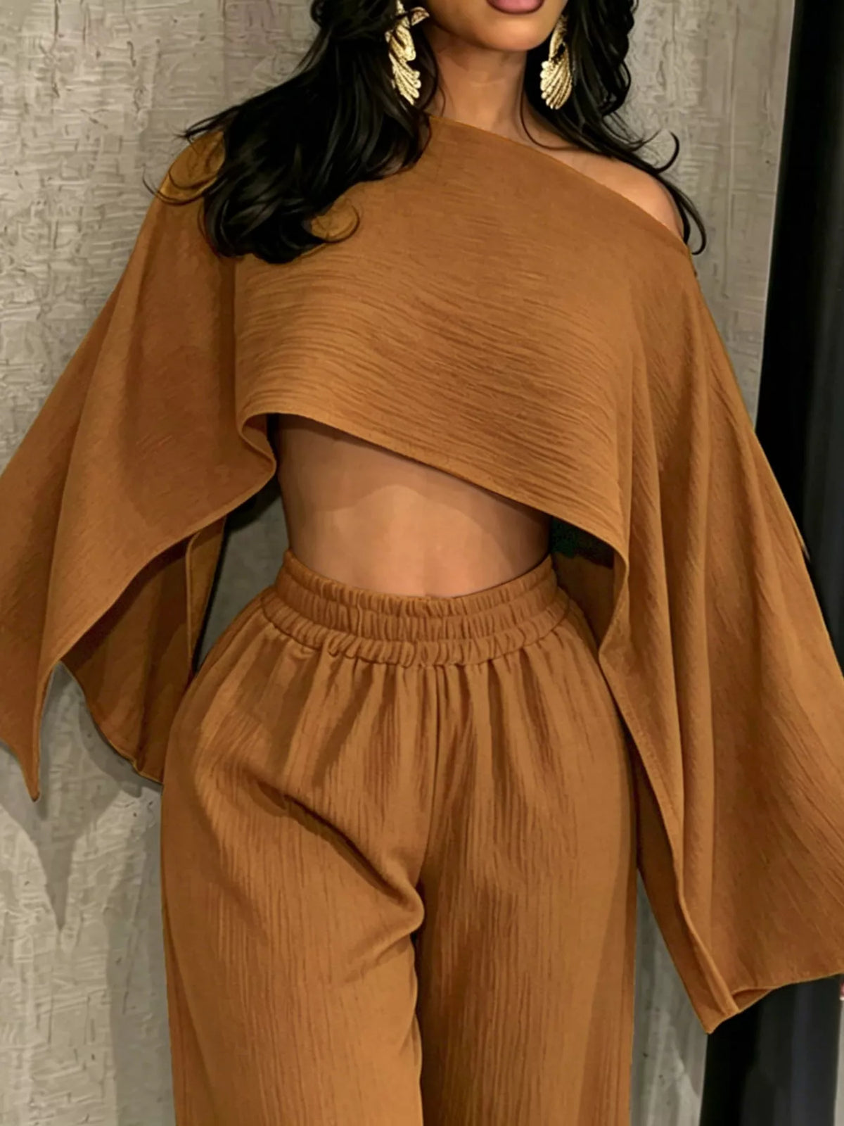 Brown boat Neck Crop Top and Wide-Leg Pants Set — detail view