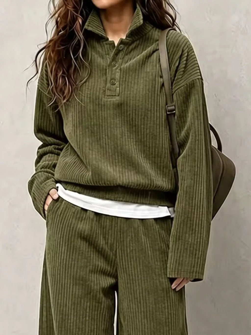Olive green corduroy Button Detail Top and Wide-Leg Pants Set