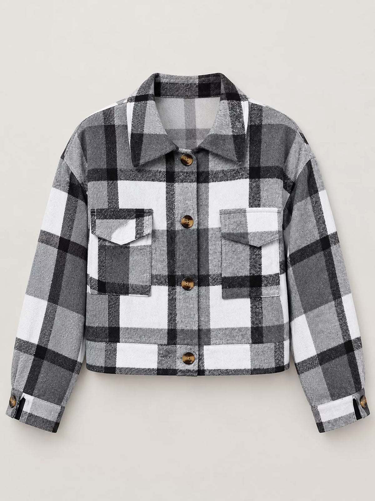 Gray color-block plaid cropped jacket with flap chest pockets, displayed flat.