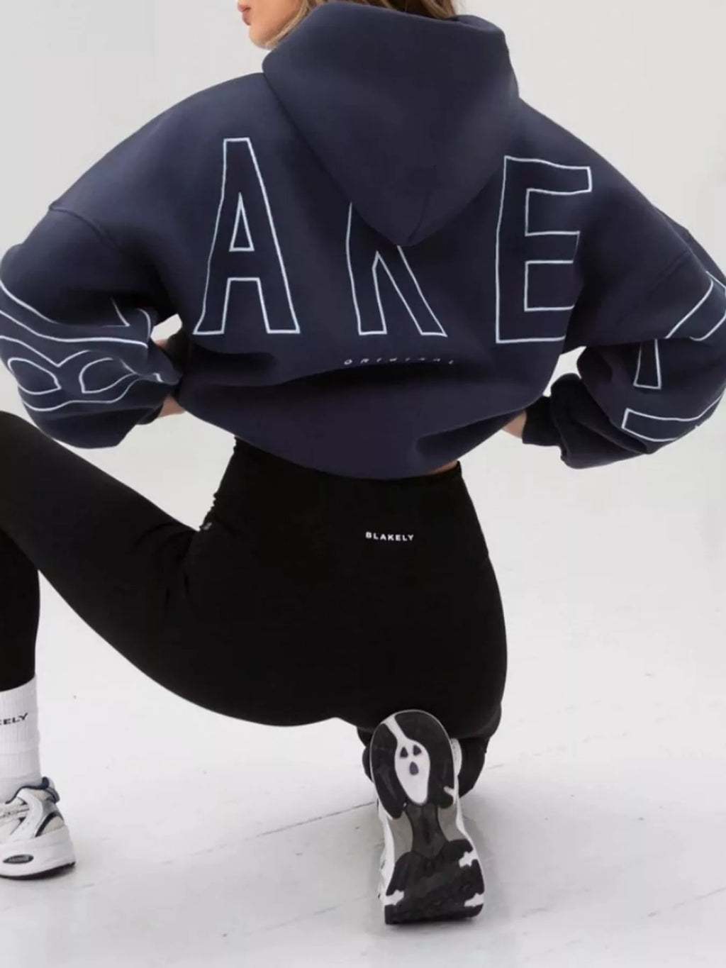 Navy letter Back Hoodie with Kangaroo Pocket — back view