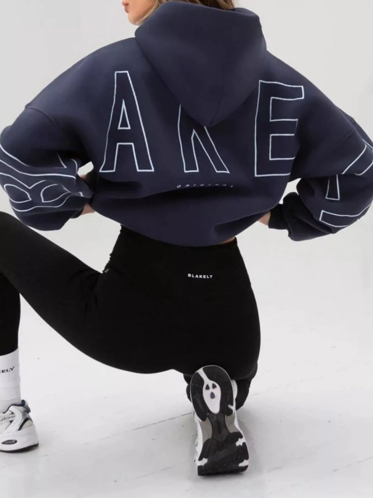 Navy letter Back Hoodie with Kangaroo Pocket — back view