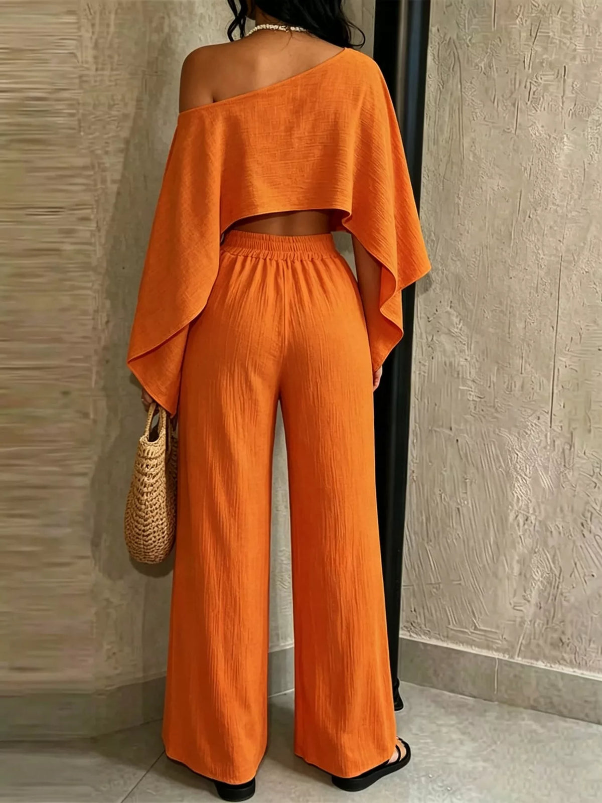 Orange boat Neck Crop Top and Wide-Leg Pants Set — back view