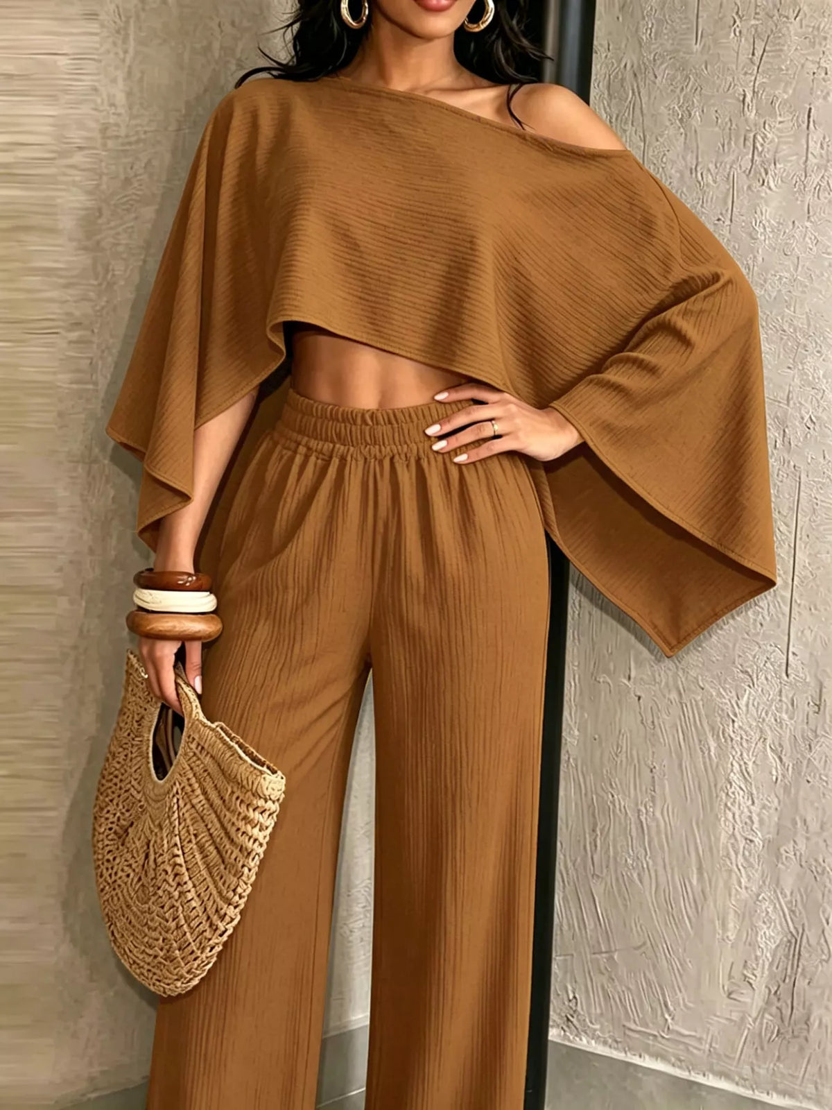 Brown boat Neck Crop Top and Wide-Leg Pants Set — detail view