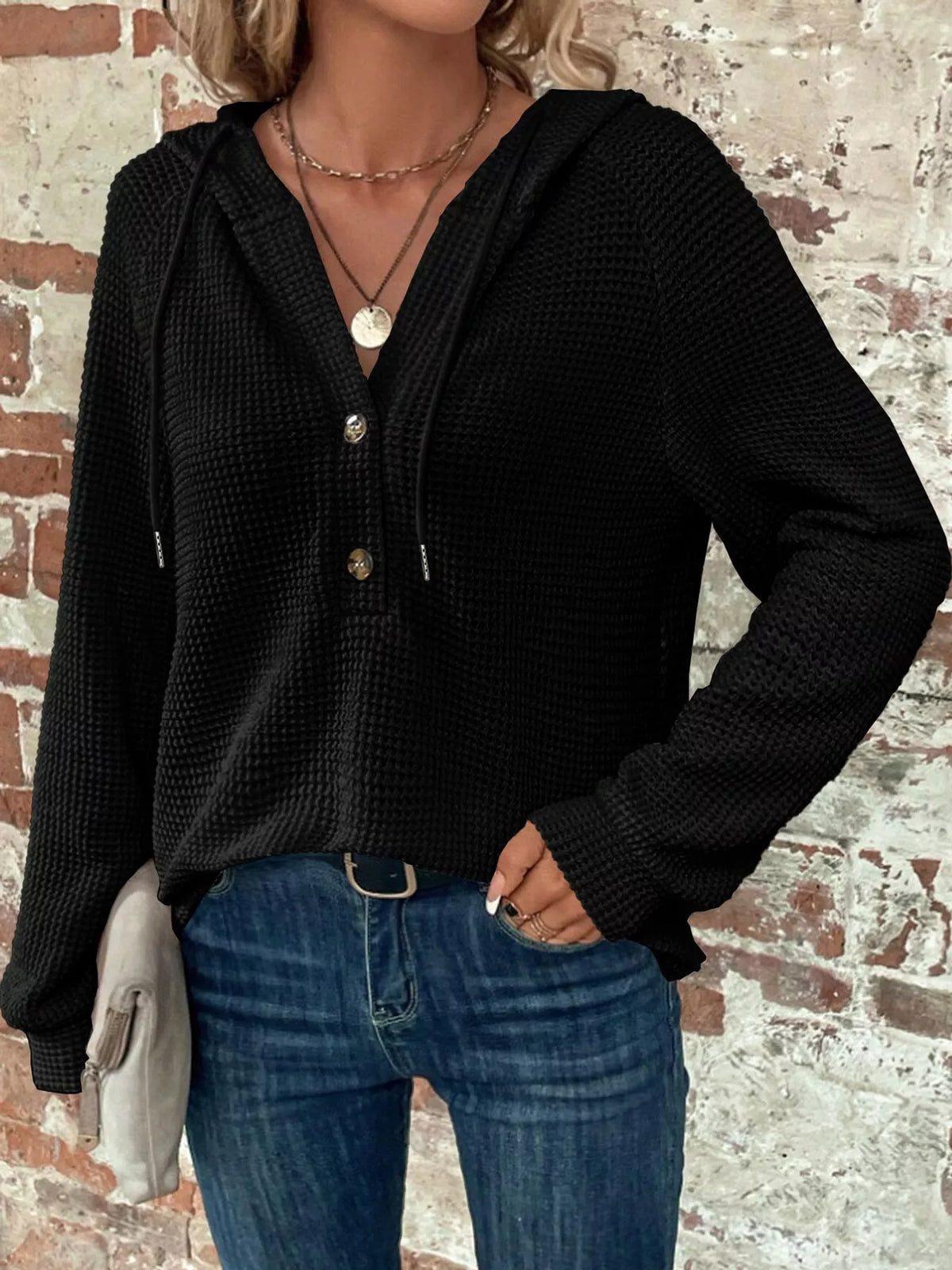 Black waffle Knit Button Detail Hoodie