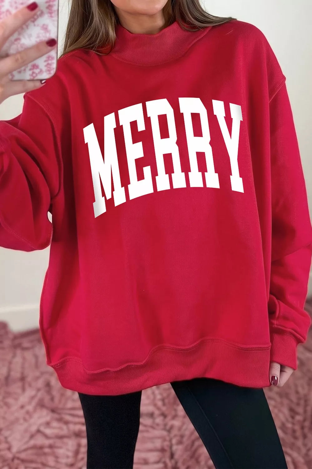 Red christmas Slogan MERRY High Neck Tunic Holiday Sweatshirt