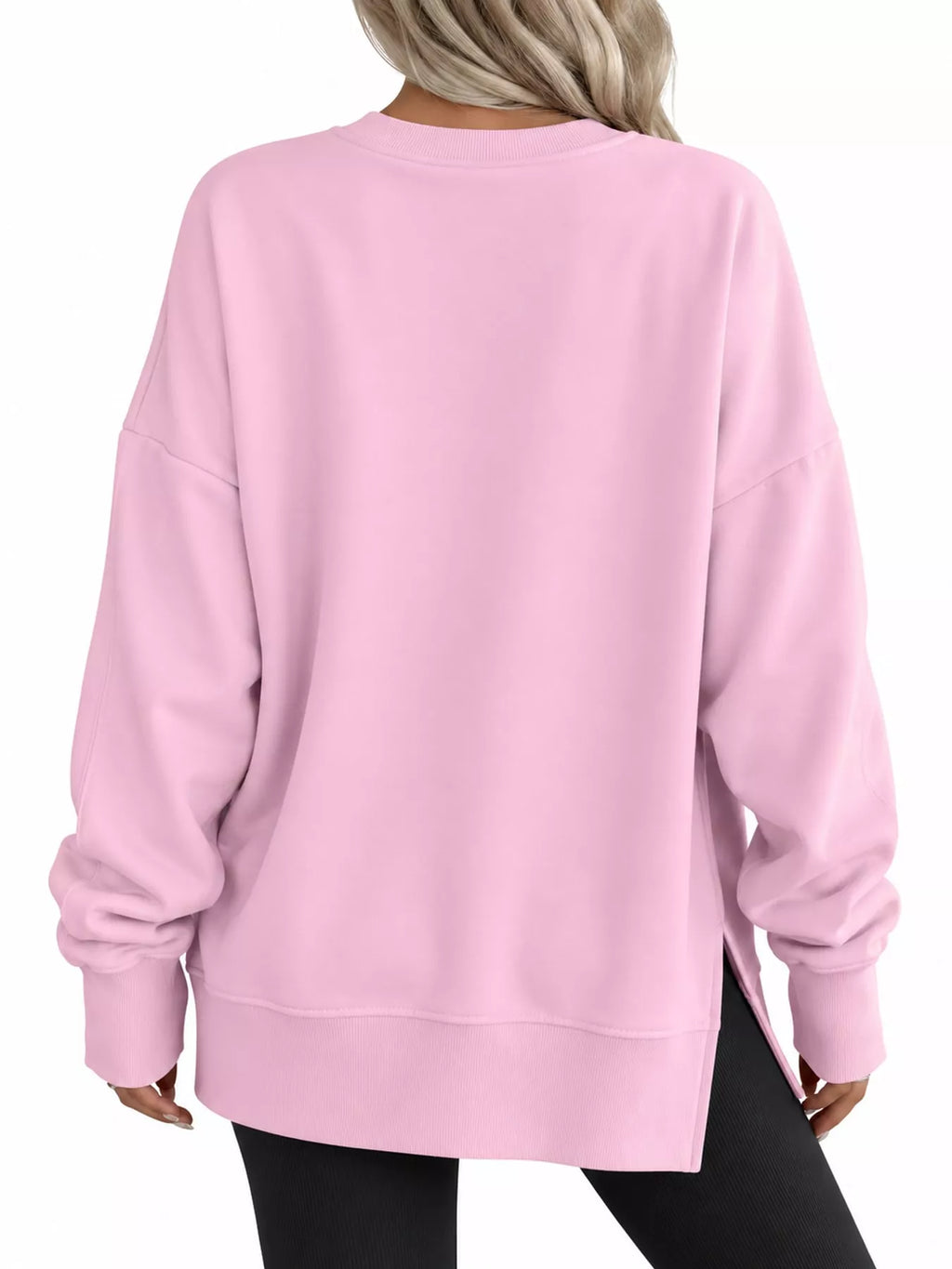Pink oversized Crew Neck Sweatshirt with Side Slit — back view