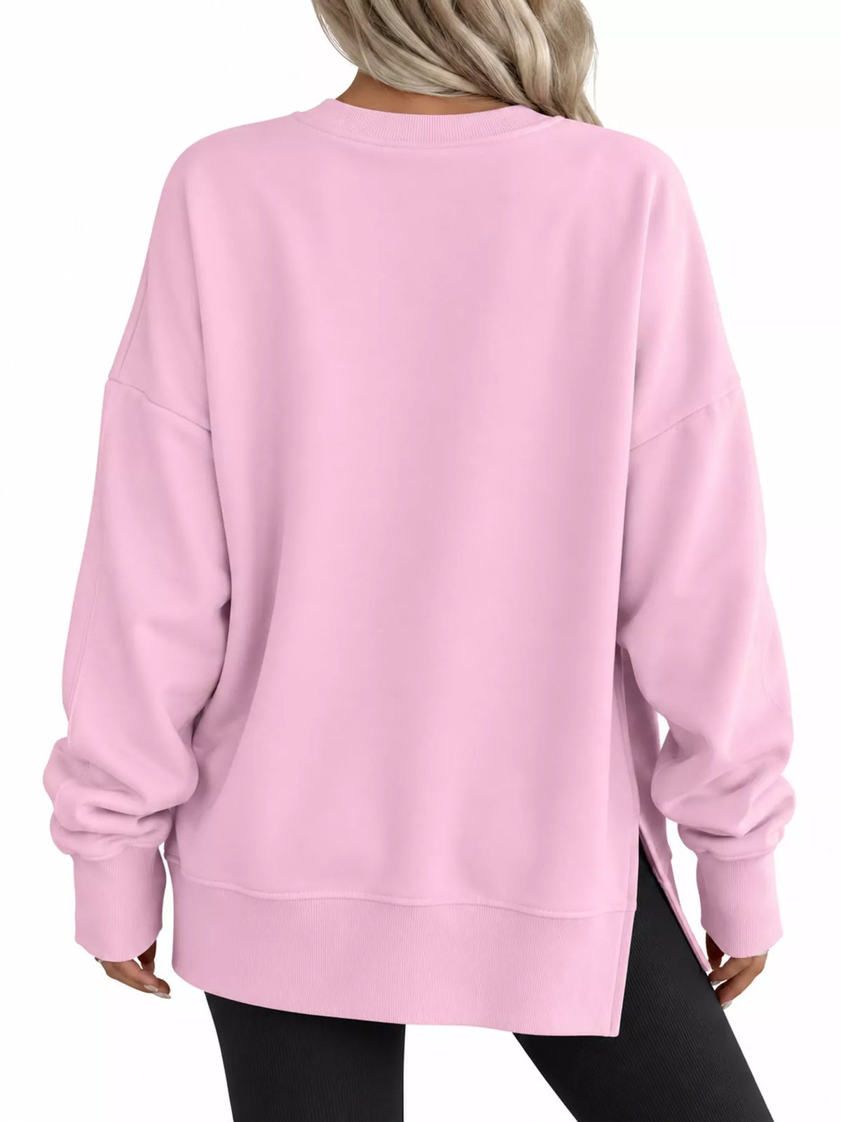 Pink oversized Crew Neck Sweatshirt with Side Slit — back view